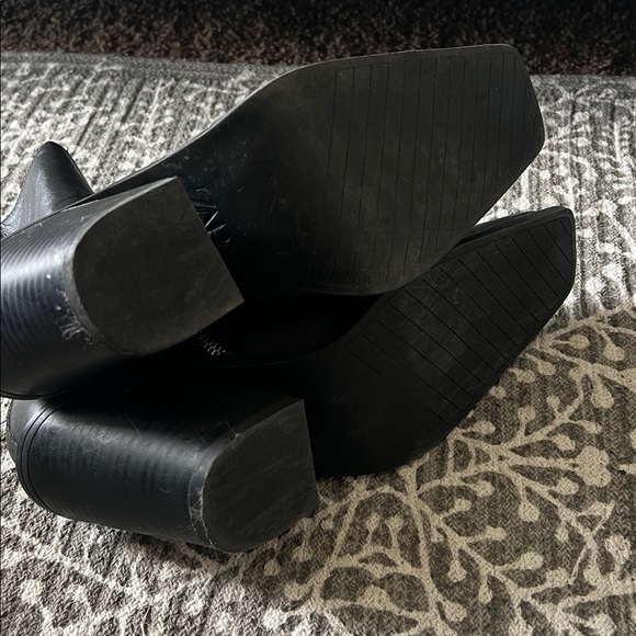 Zara black leather square toe block heeled boots - Picture 8 of 12